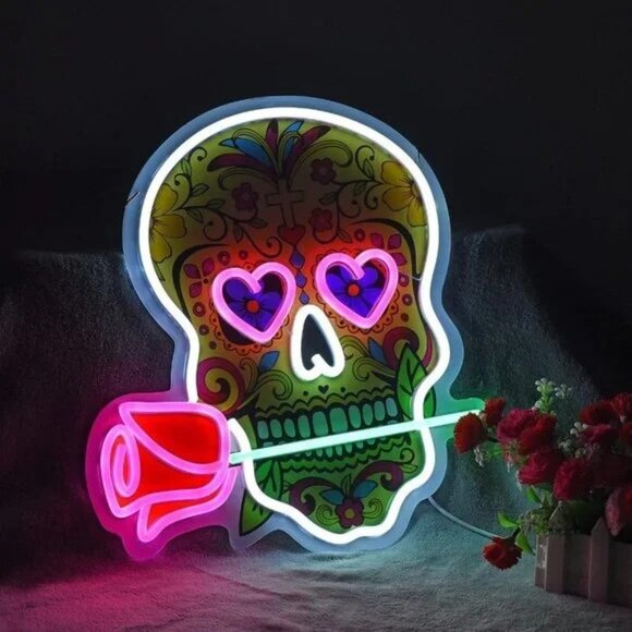 Neon Skull Rose Day of Dead Calavera Hispanic Aztec Retro LED Party Cute Light - Picture 5 of 5